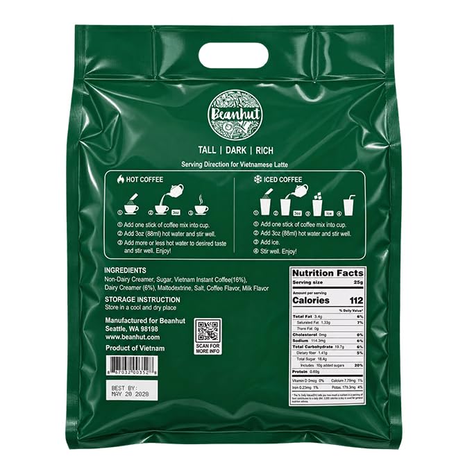 Beanhut's Vietnamese Latte, Instant Coffee Mix, 3 in 1 Coffee Mix, 25g x 50 sticks(2.75 lb)