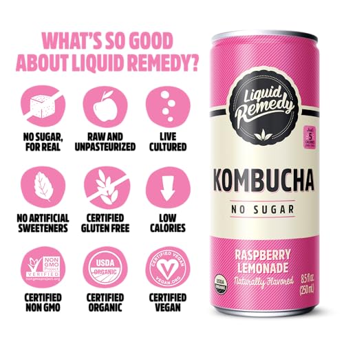 Liquid Remedy Kombucha Sugar Free Organic Drink, Low Calorie, Probiotic Like Tea for Gut Health - Variety Pack - 8.5 Fl Oz Can