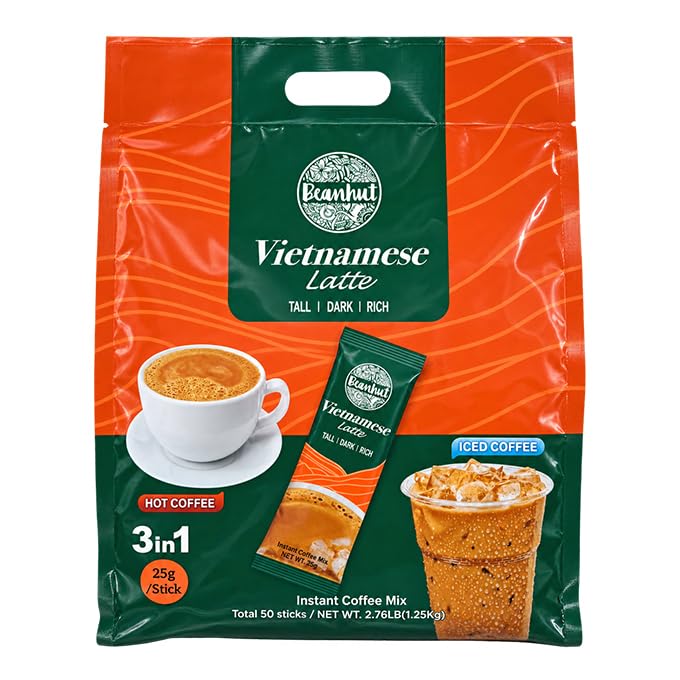 Beanhut's Vietnamese Latte, Instant Coffee Mix, 3 in 1 Coffee Mix, 25g x 50 sticks(2.75 lb)