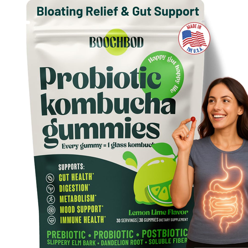 BoochBod - Probiotic Kombucha Gummy - Prebiotics, Probiotics, Postbiotics, Fiber Supplement, Slippery Elm, Dandelion Root, MCT Oil, for Bloating, Gut Health - Probiotics for Women and Men