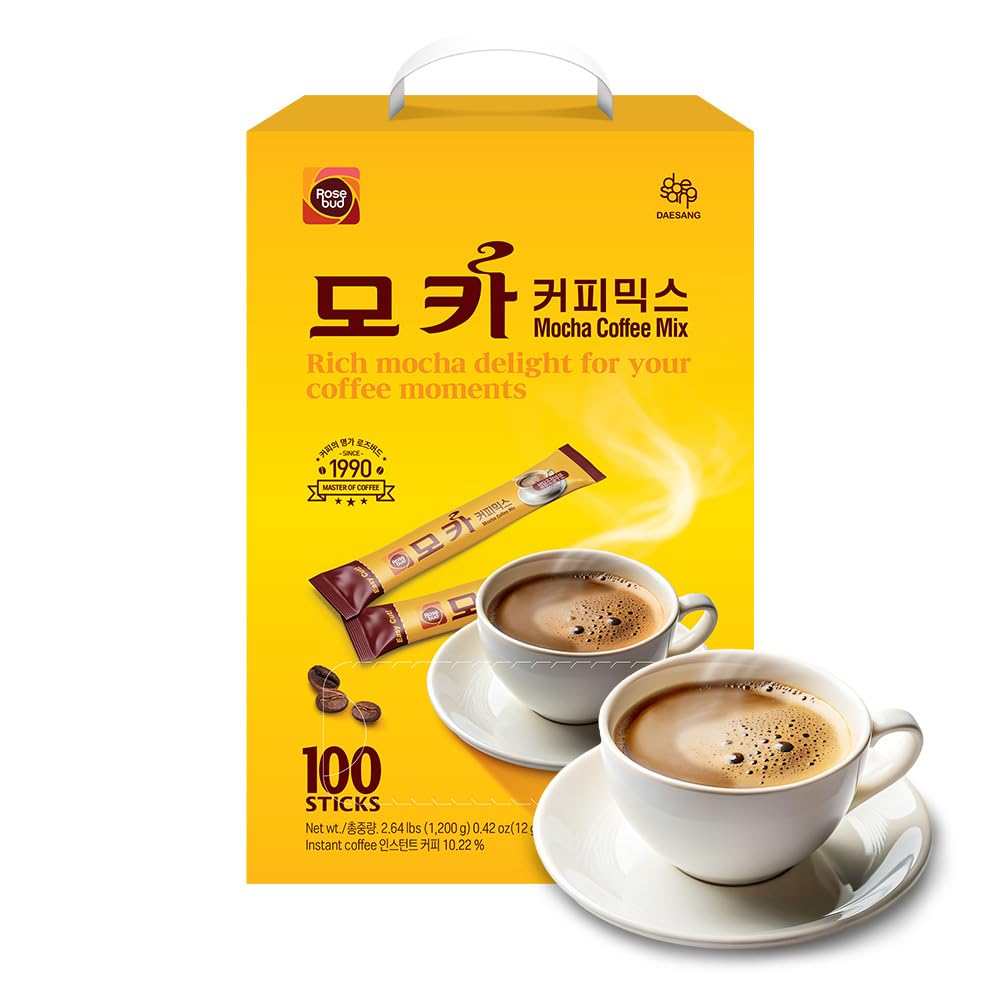Rosebud Coffee Mix 100 Sticks – Korean Instant 3-in-1 Coffee with Sugar, Cream & Cocoa – Smooth, Sweet & Creamy Flavor – Easy to Make Café-Style Coffee Anywhere – Perfect for Home, Office, Travel, Camping, Gifts – 2.7 lbs (43.2 oz)