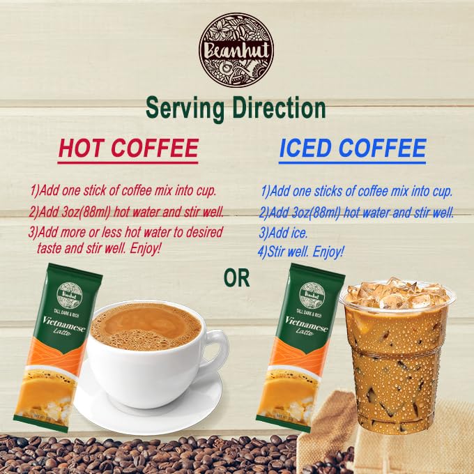 Beanhut's Vietnamese Latte, Instant Coffee Mix, 3 in 1 Coffee Mix, 25g x 50 sticks(2.75 lb)