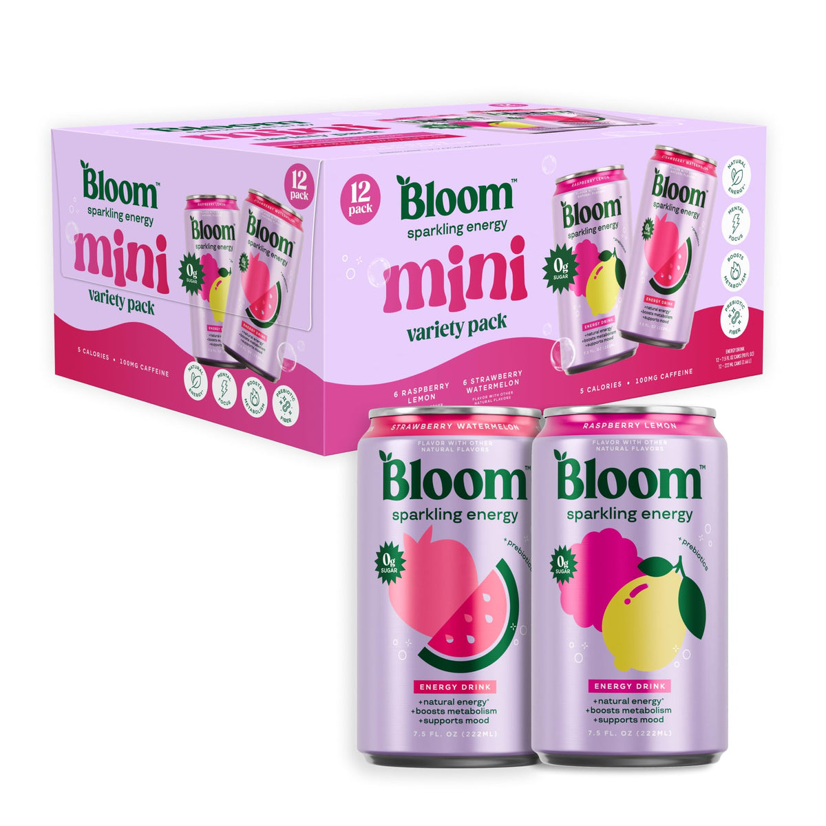 Bloom Nutrition Sparkling Energy Drink, Zero Sugar, 180mg Caffeine
