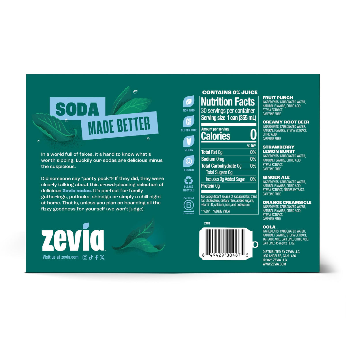 Zevia Zero Calorie Vanilla Cola Soda with Natural Flavors