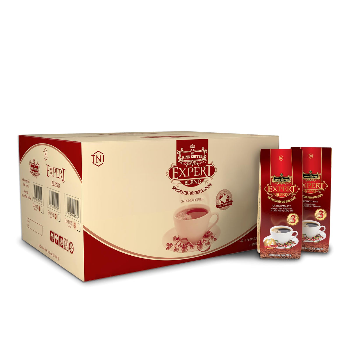 TNI King Coffee Ground Coffee Expert Blend #3 Arabica, Robusta, Excelsa & Catimor Beans Blended Bag 500g - Coffee Shop, Restaurant (Case 40 Bags)