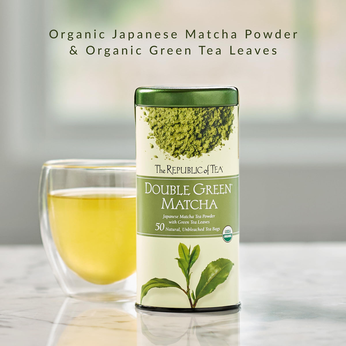 The Republic of Tea - Organic Double Green Matcha, Naturally Caffeinated Japanese Green Tea Powder and Leaves, 1 and 2 pack