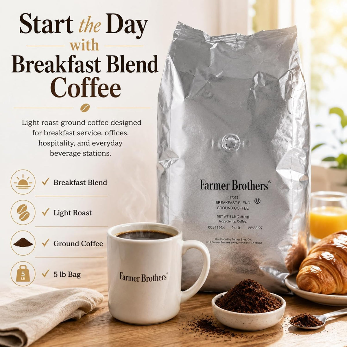 Farmer Brothers Coffee Ground Breakfast Blend 117375, 5 Pound Bag