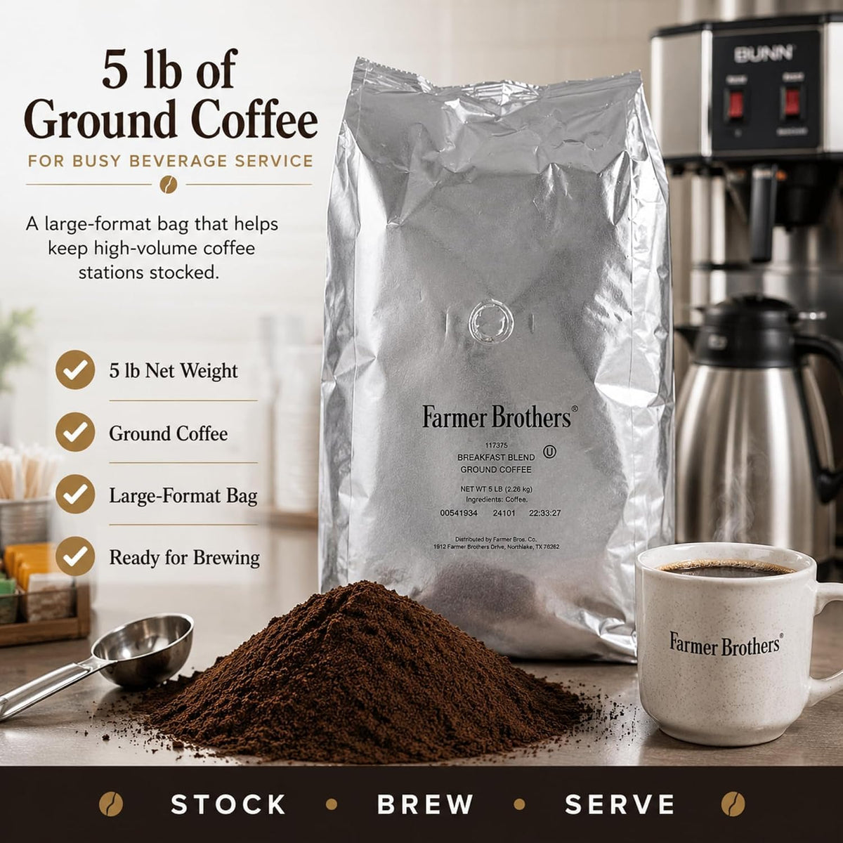Farmer Brothers Coffee Ground Breakfast Blend 117375, 5 Pound Bag