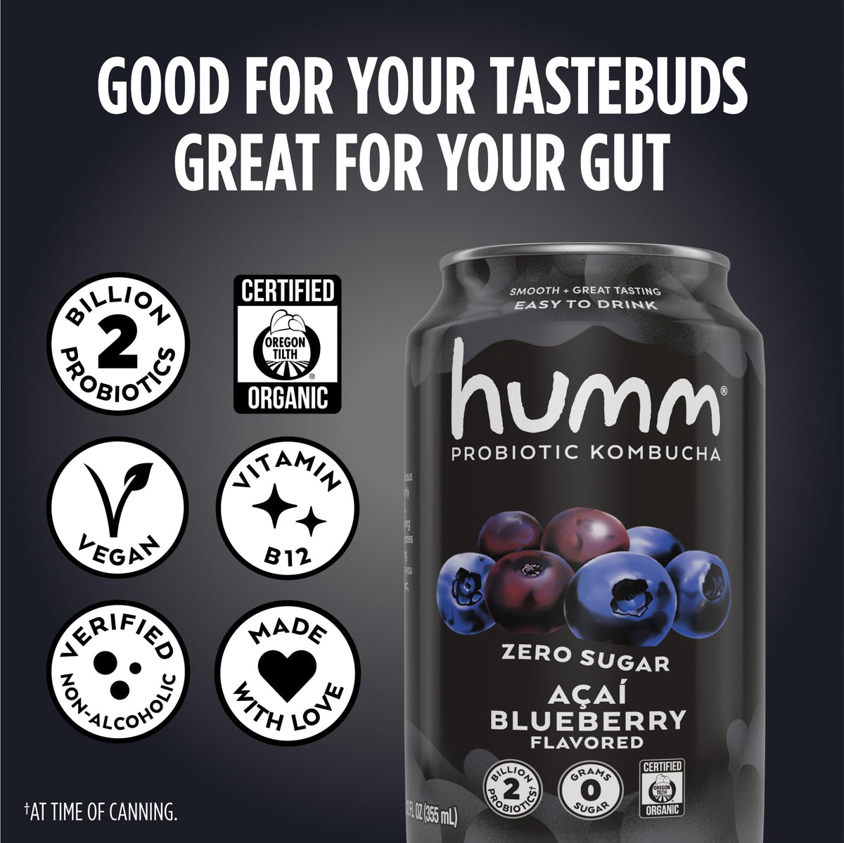 Humm Probiotic Kombucha Zero Sugar, No Refrigeration Needed, Keto Friendly, Organic, Vegan, Gluten Free, 12 oz Cans