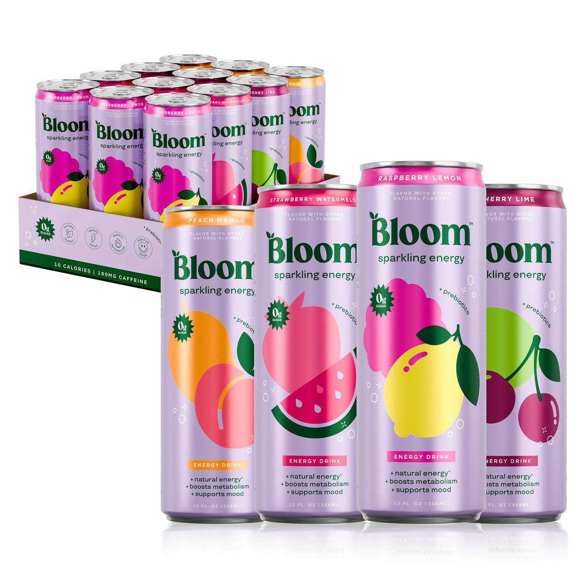 Bloom Nutrition Sparkling Energy Drink, Zero Sugar, 180mg Caffeine