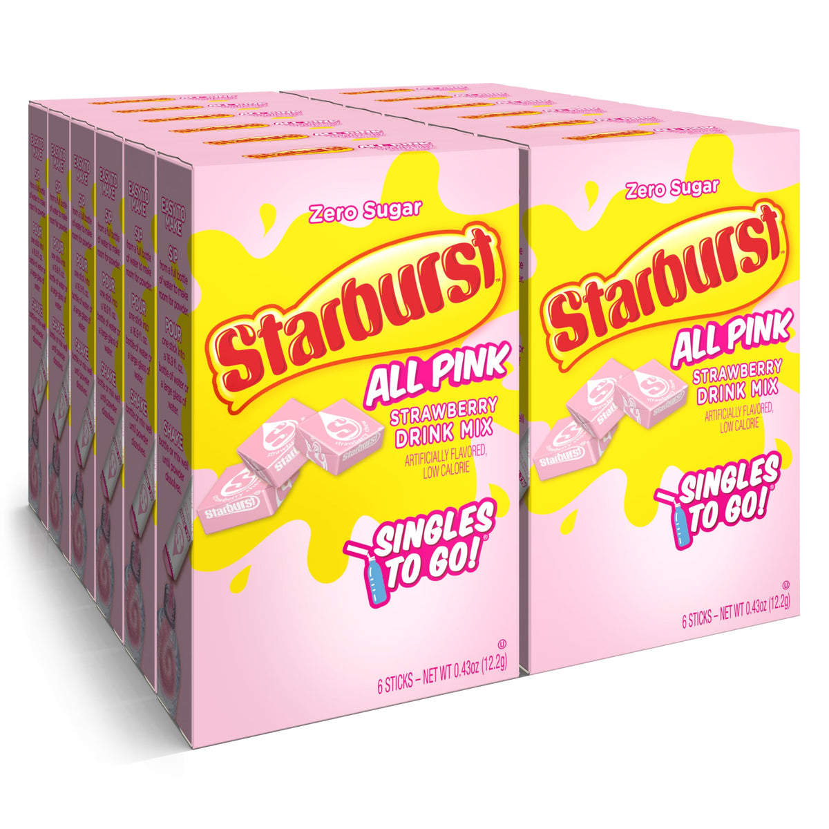 Starburst Singles To Go Powdered Drink Mix, All Pink Strawberry, 12 Boxes with 6 Packets Each - 72 Total Servings, Sugar-Free Drink Powder, Just Add Water
