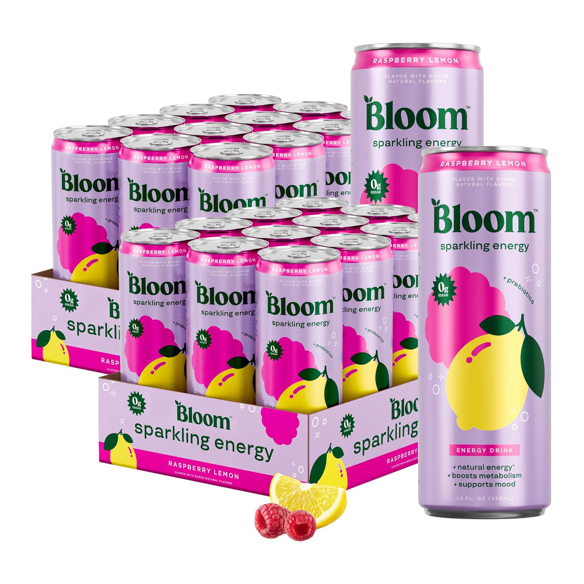 Bloom Nutrition Sparkling Energy Drink, Zero Sugar, 180mg Caffeine