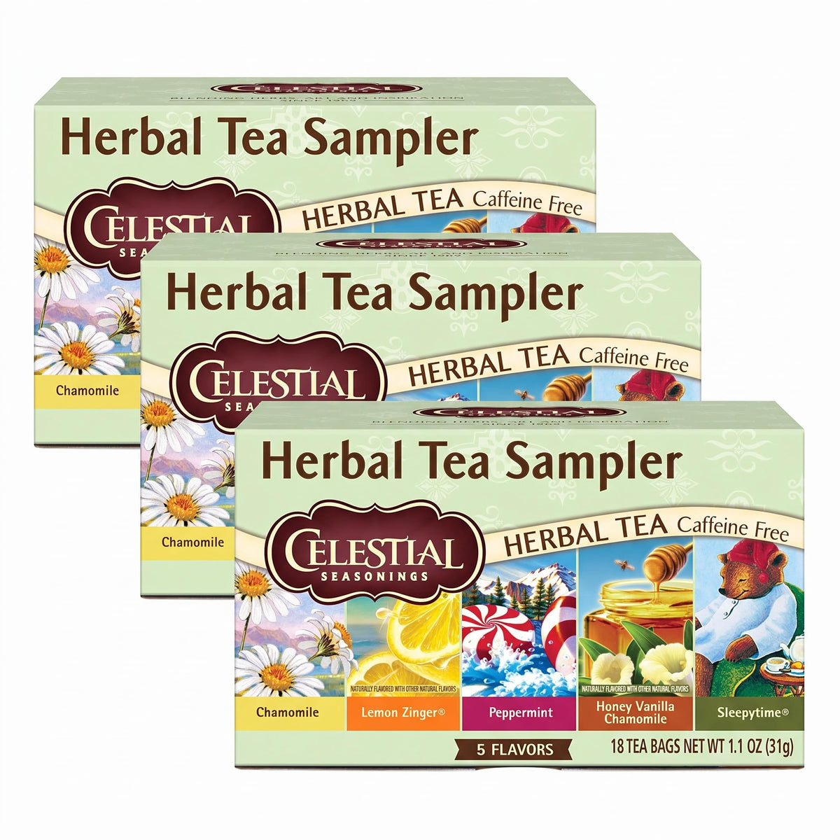 Celestial Seasonings Herbal Tea Sampler Variety Pack, Caffeine Free, 18 Tea Bags Box