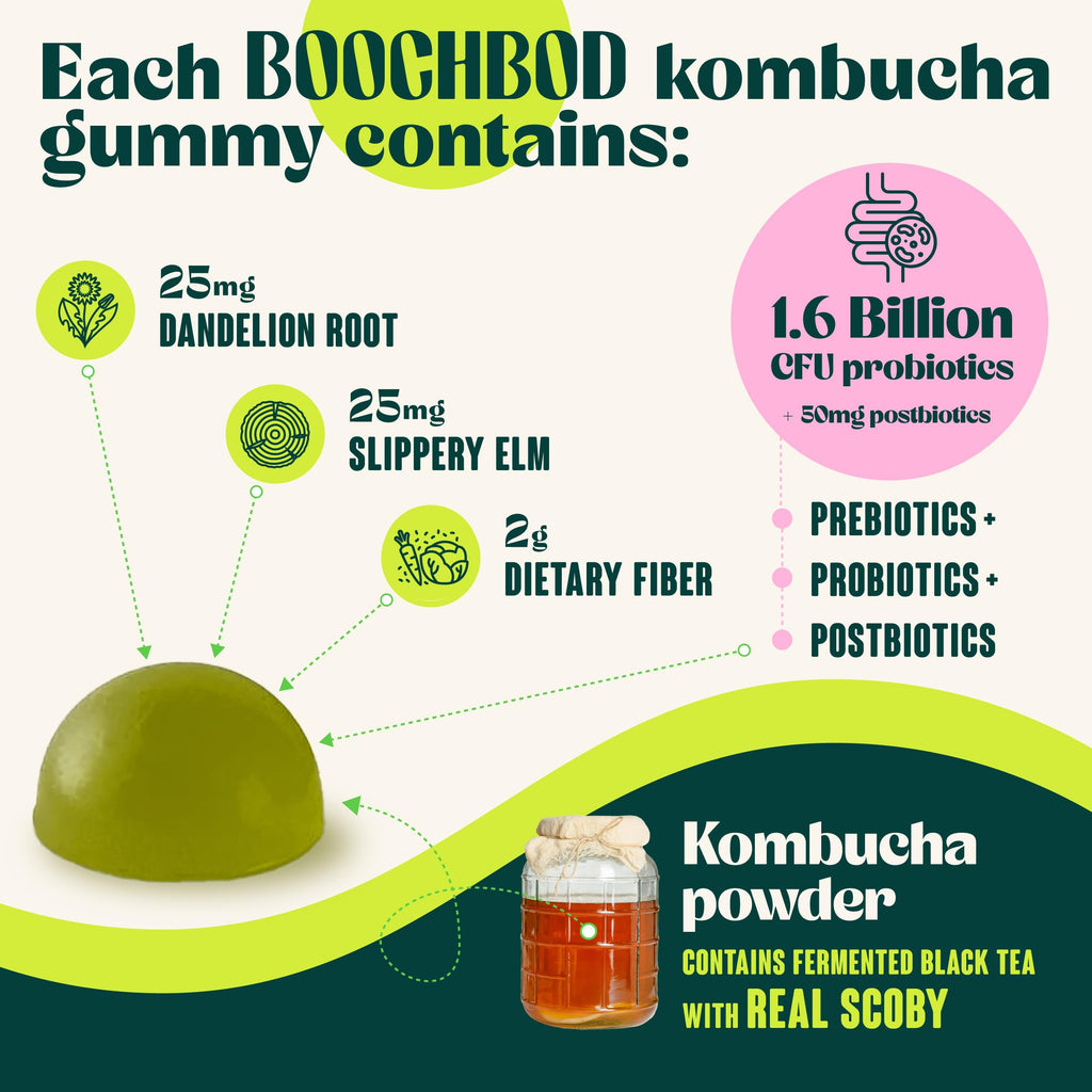 BoochBod - Probiotic Kombucha Gummy - Prebiotics, Probiotics, Postbiotics, Fiber Supplement, Slippery Elm, Dandelion Root, MCT Oil, for Bloating, Gut Health - Probiotics for Women and Men