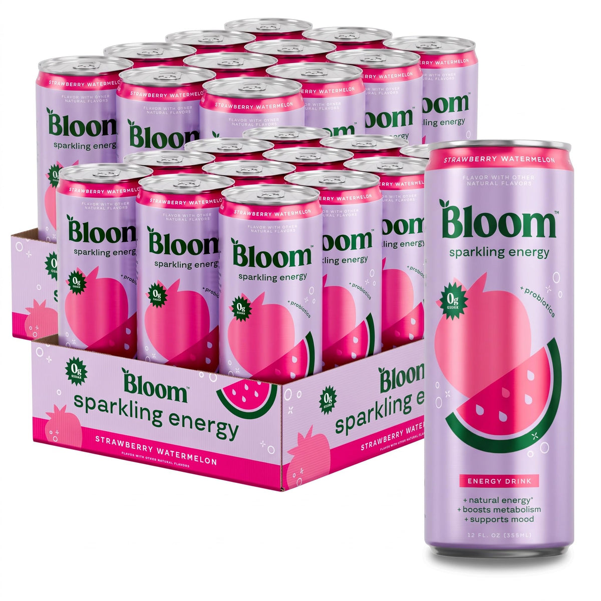 Bloom Nutrition Sparkling Energy Drink, Zero Sugar, 180mg Caffeine