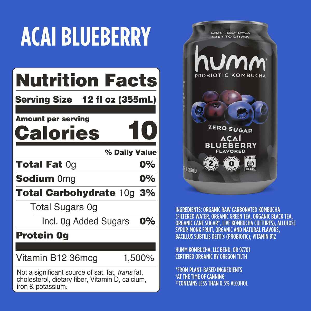 Humm Probiotic Kombucha Zero Sugar, No Refrigeration Needed, Keto Friendly, Organic, Vegan, Gluten Free, 12 oz Cans