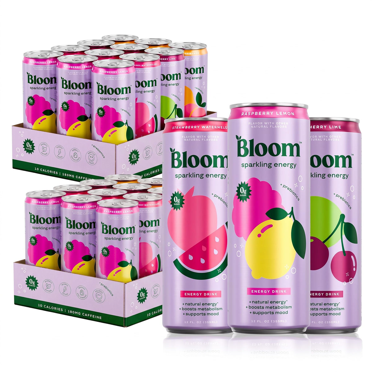 Bloom Nutrition Sparkling Energy Drink, Zero Sugar, 180mg Caffeine