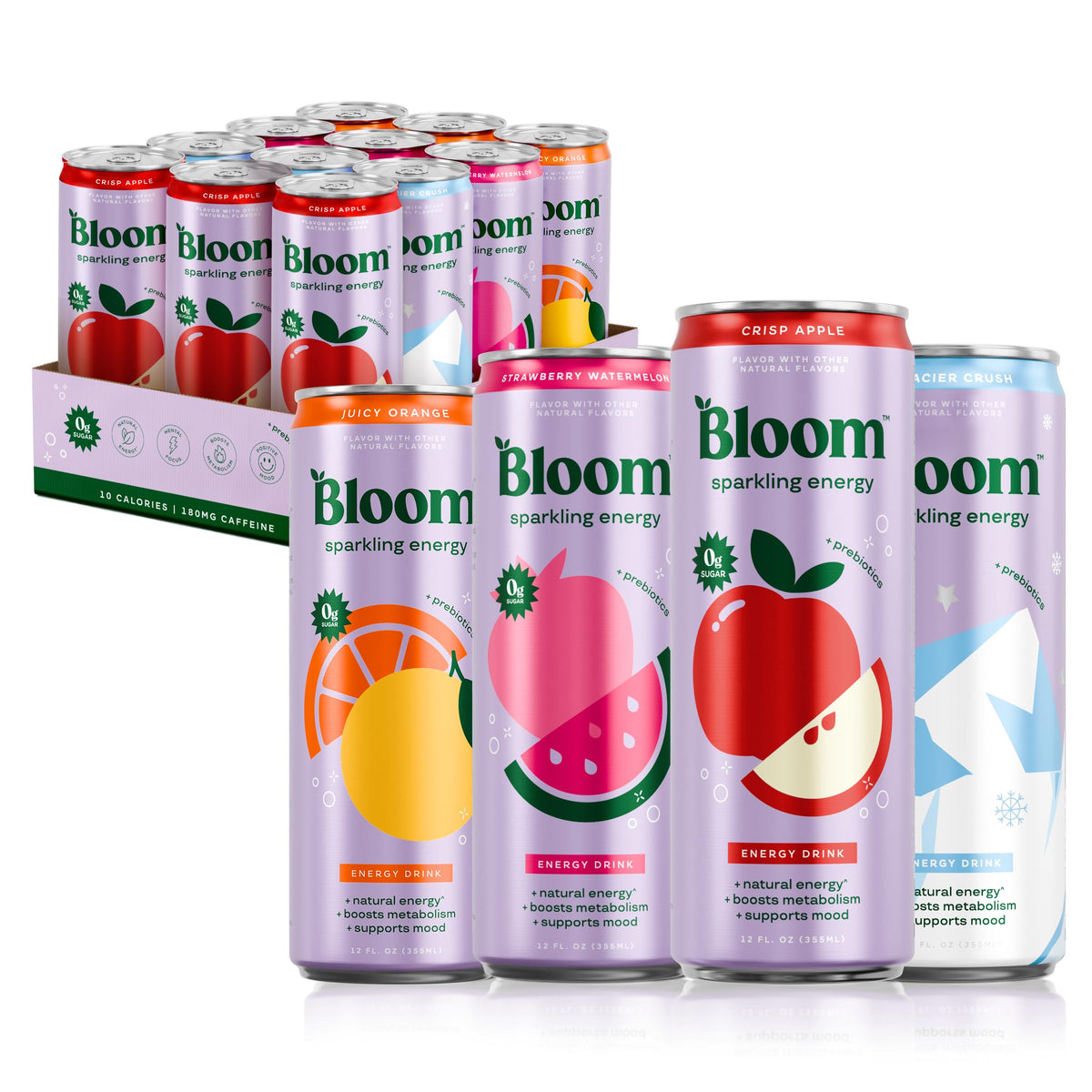 Bloom Nutrition Sparkling Energy Drink, Zero Sugar, 180mg Caffeine