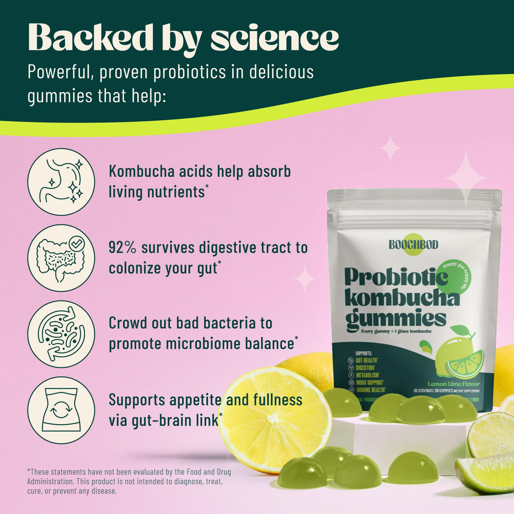 BoochBod - Probiotic Kombucha Gummy - Prebiotics, Probiotics, Postbiotics, Fiber Supplement, Slippery Elm, Dandelion Root, MCT Oil, for Bloating, Gut Health - Probiotics for Women and Men