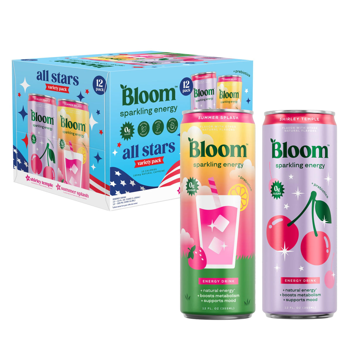 Bloom Nutrition Sparkling Energy Drink, Zero Sugar, 180mg Caffeine