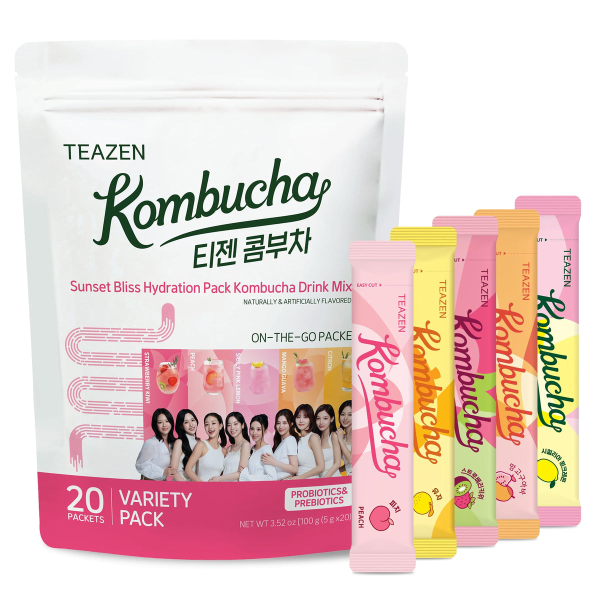 TEAZEN Kombucha Tea Hydration Variety Pack, 20 Sticks